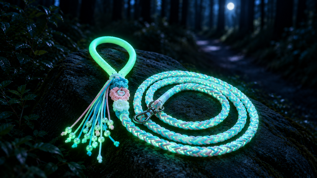 Glow in the dark paracord dog leash glowing cyan blue at night in forest with luminous beads - Rove Cord
