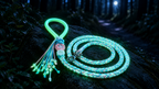 Glow in the dark paracord dog leash glowing cyan blue at night in forest with luminous beads - Rove Cord
