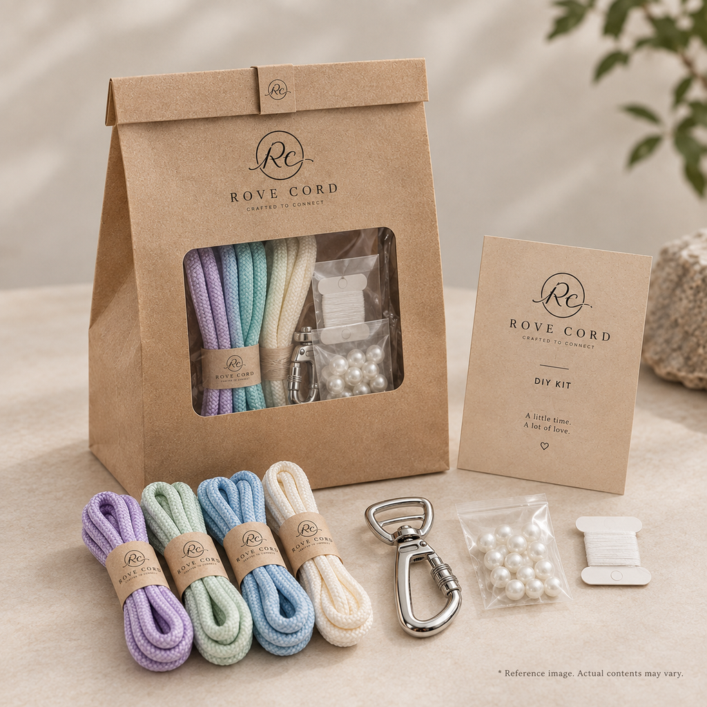 Complete Rove Cord DIY dog leash craft kit with pastel cords, carabiner clasp, pearls and gift packaging

