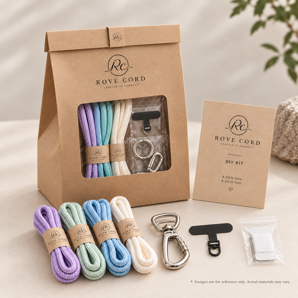 Complete Rove Cord DIY phone strap craft kit with colorful cotton cords, clasp, phone patch and guide
