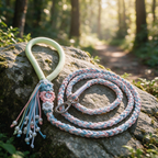 Weave Your Love handmade pastel braided dog leash with flower pearls and padded handle laid on forest moss rock - Rove Cord
