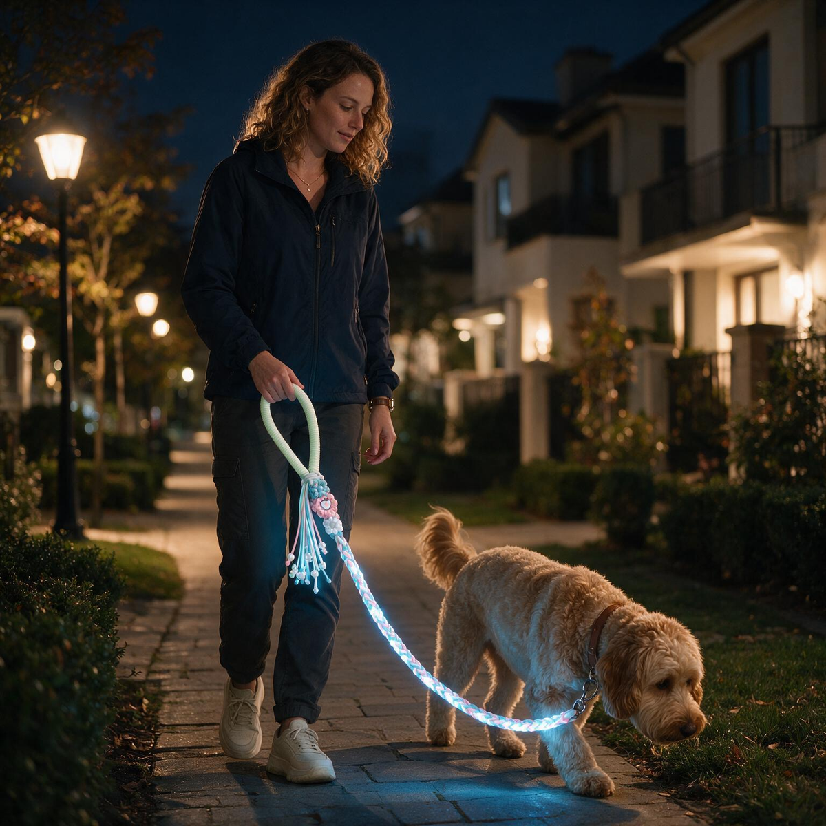 Woman walking golden dog at night with glowing luminous braided dog leash on suburban sidewalk - Rove Cord
