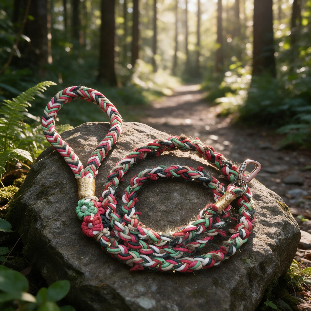 Christmas Edition handmade braided paracord dog leash in festive red green and gold on forest stone - Rove Cord

