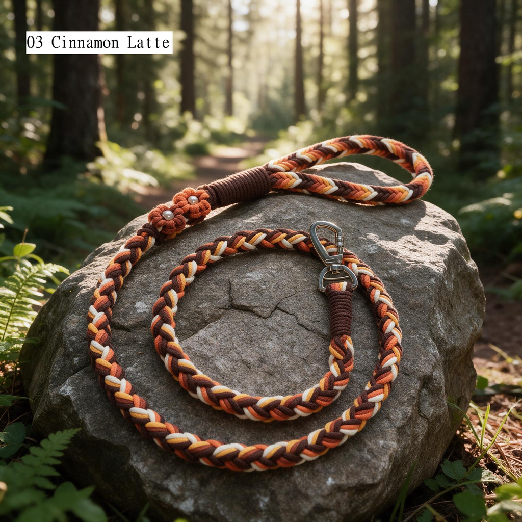 Meadow Bloom artisan braided dog leash in 03 Cinnamon Latte with flower beads - Rove Cord
