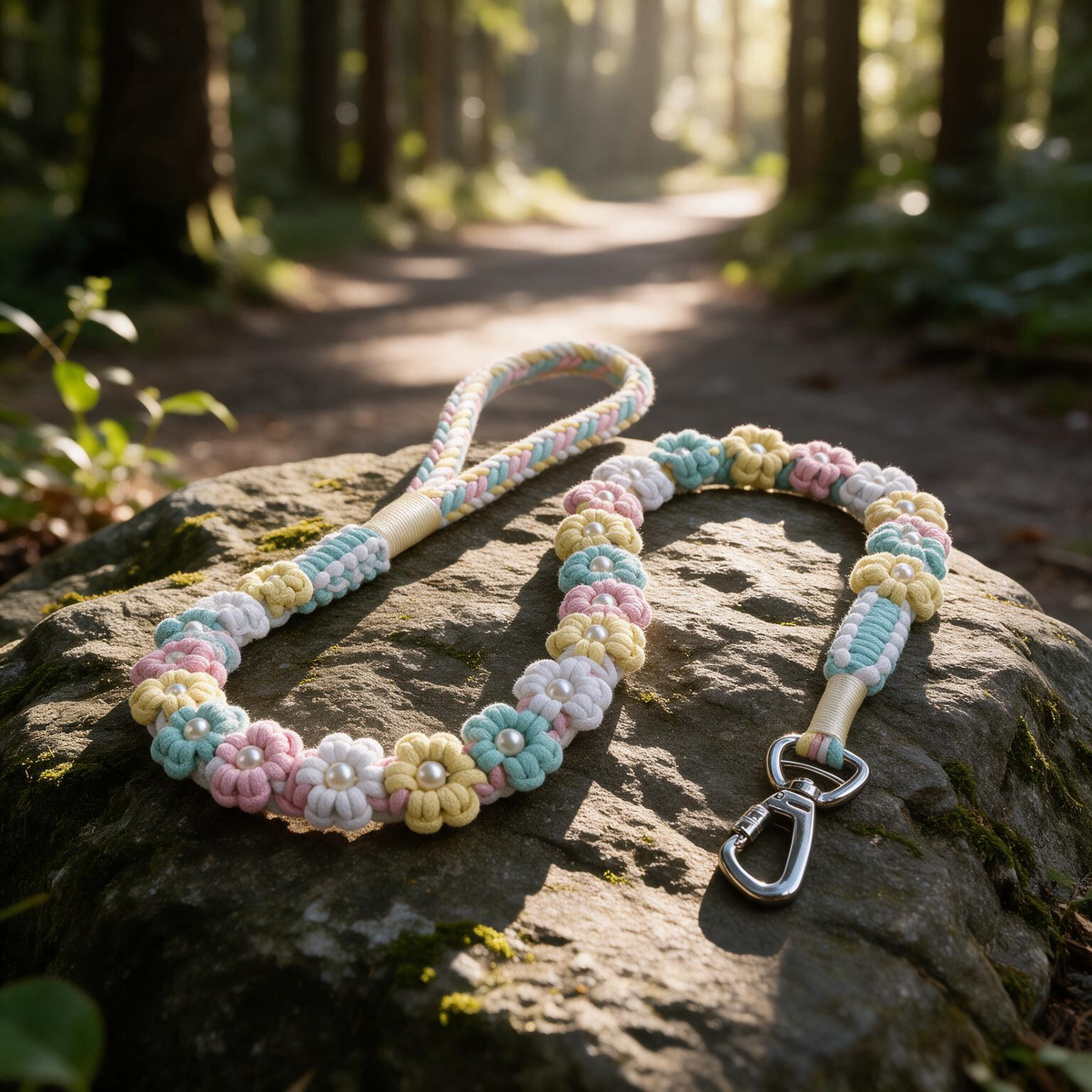 Floral Reverie pastel rainbow macaron braided dog leash with delicate flower pearls - Rove Cord
