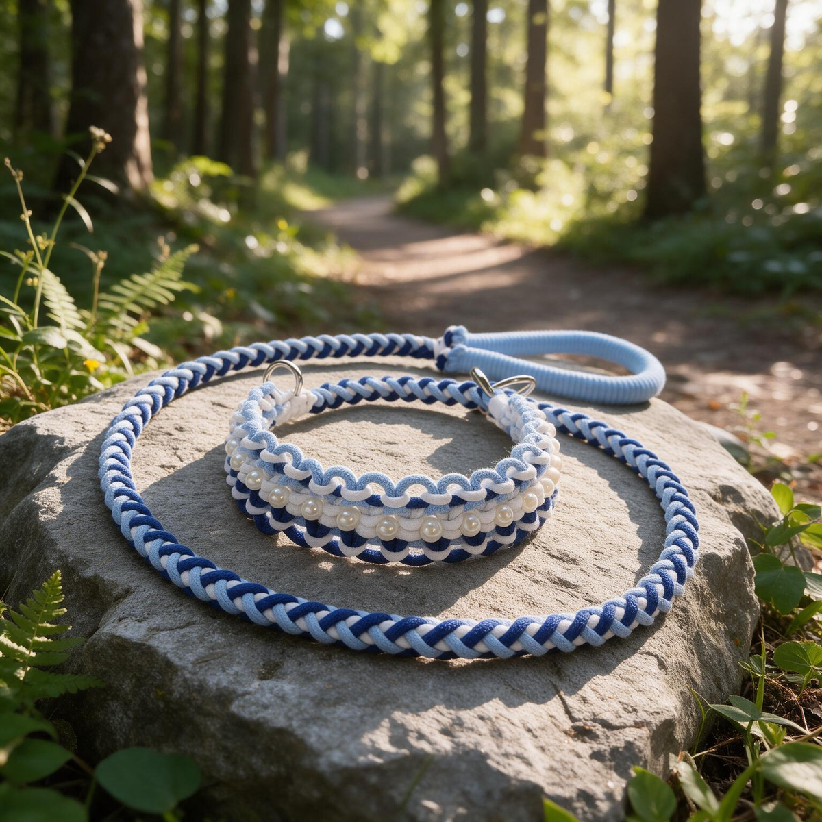 Handmade blue and white braided cotton dog slip leash and matching pearl collar set - Rove Cord

