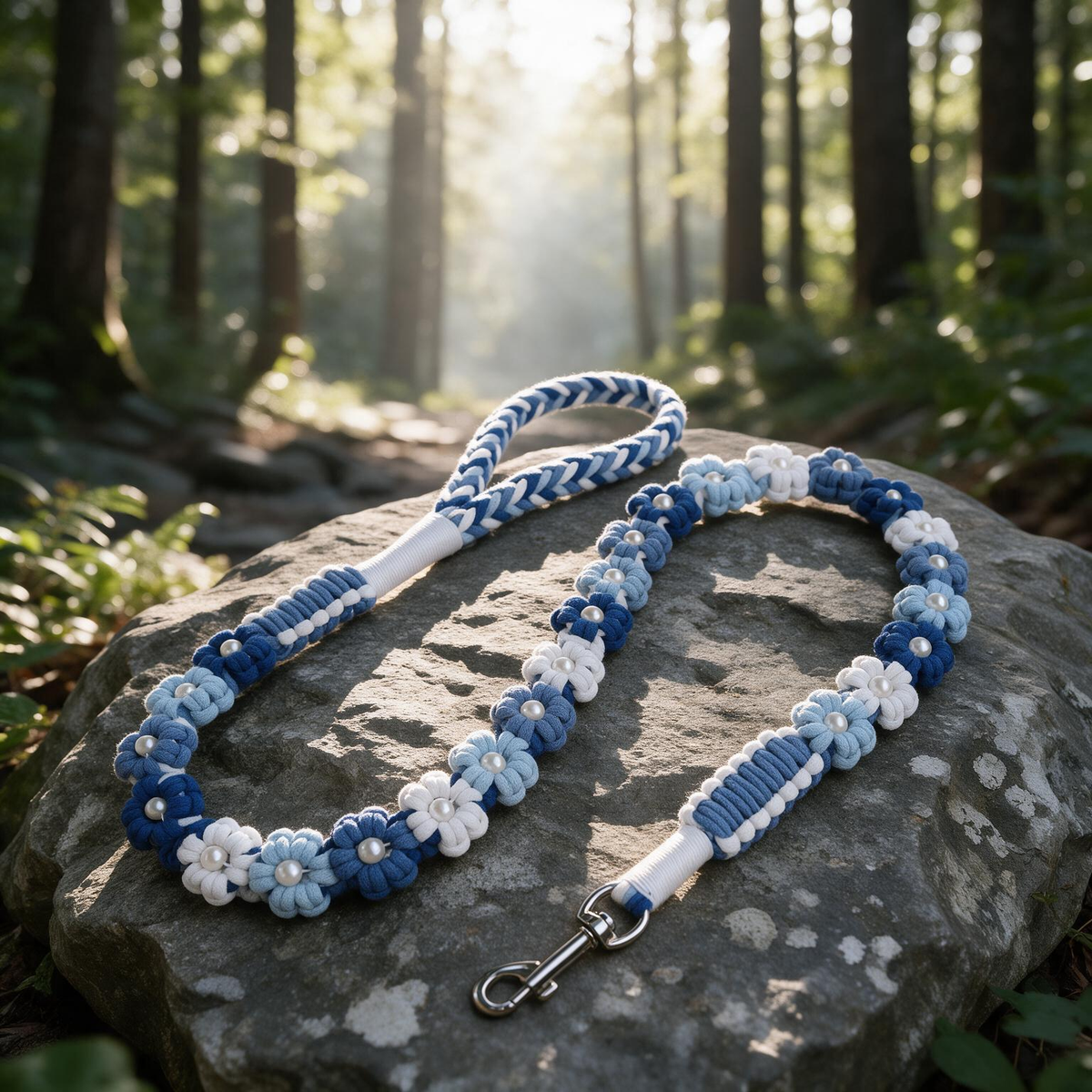 Floral Reverie handmade ocean blue and white braided rope leash with floral pearl charms - Rove Cord

