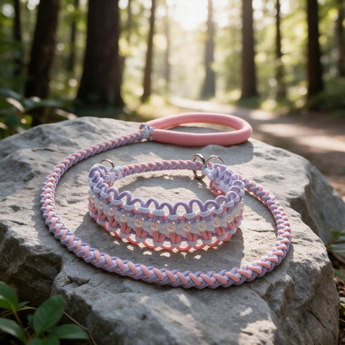 Artisan pastel pink and lavender braided dog leash and collar set with pearl accents - Rove Cord
