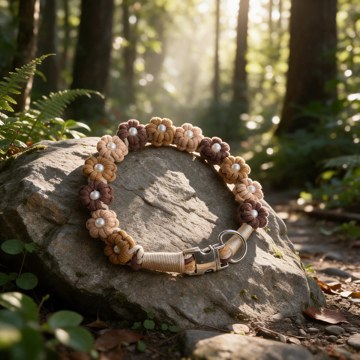 Artisan earthy mocha and coffee brown braided cotton dog collar with flower pearls - Rove Cord
