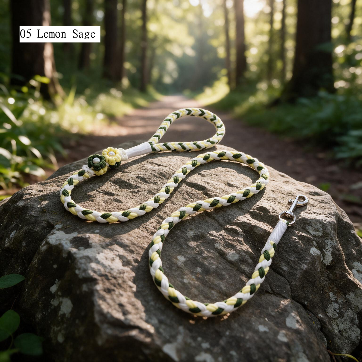 Meadow Bloom handmade rope dog leash in 05 Lemon Sage with floral pearl accent - Rove Cord
