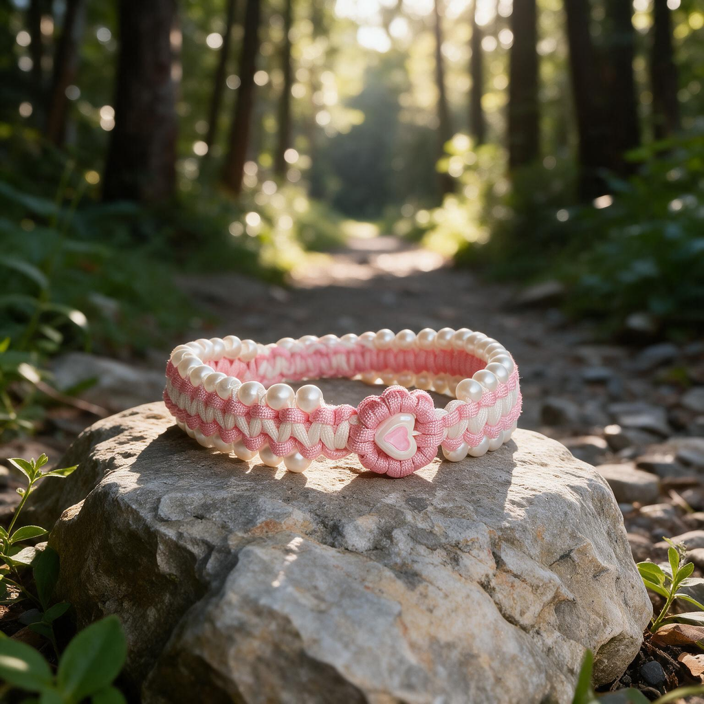 Handmade pink and white braided paracord dog collar with double pearl rows and pink heart charm - Rove Cord
