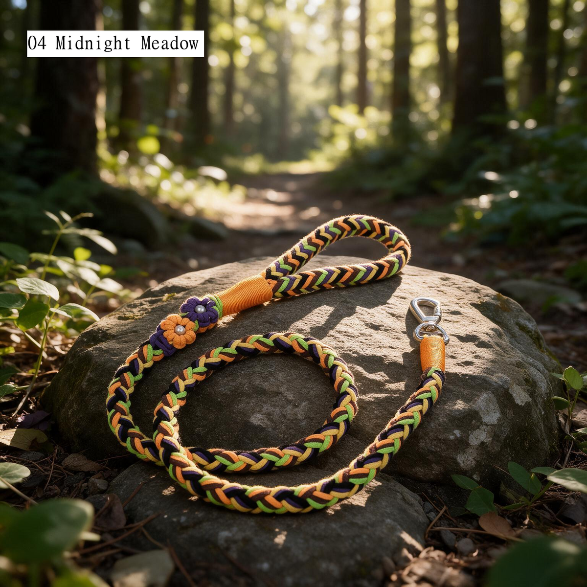 Meadow Bloom bohemian braided dog leash in 04 Midnight Meadow with flower charms - Rove Cord
