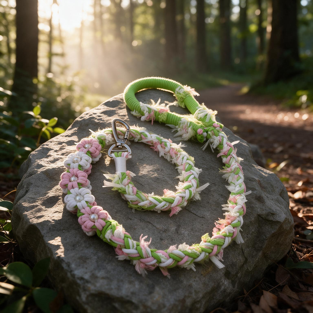 Four Seasons Foliage matcha green and blush pink textured rope leash with flower beads on forest stone - Rove Cord
