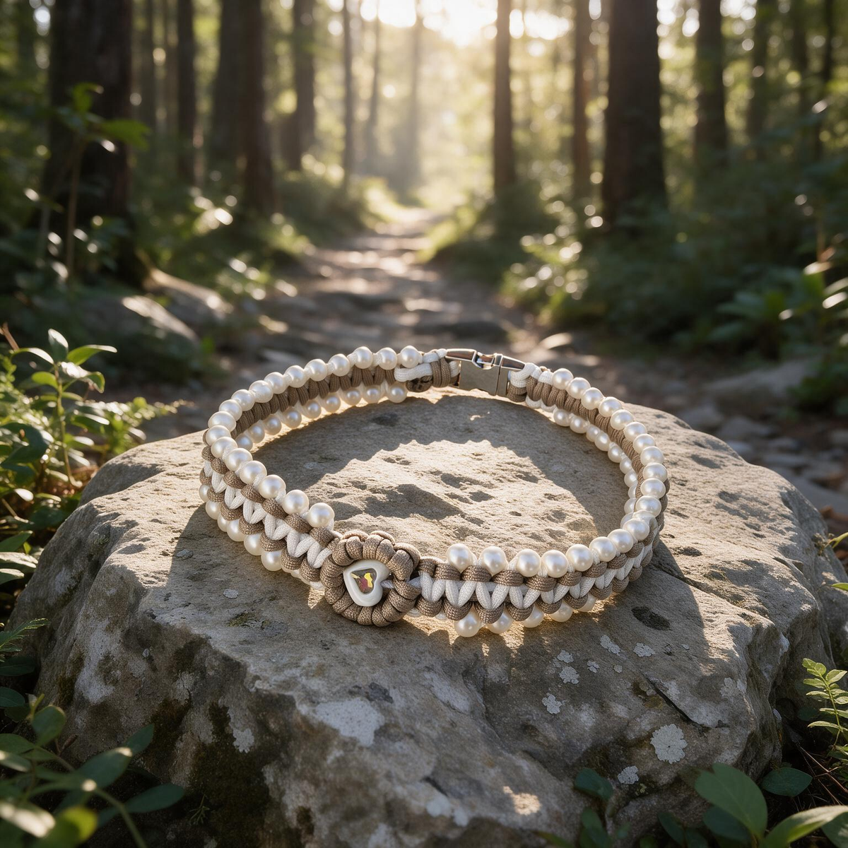 Artisan oatmeal beige and white braided dog collar with elegant pearl bead border and heart charm - Rove Cord
