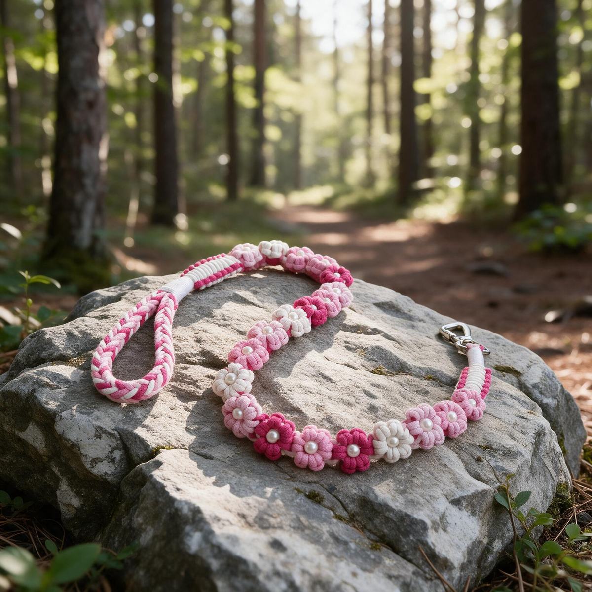 Floral Reverie gradient rose pink and white floral braided dog leash with pearls - Rove Cord
