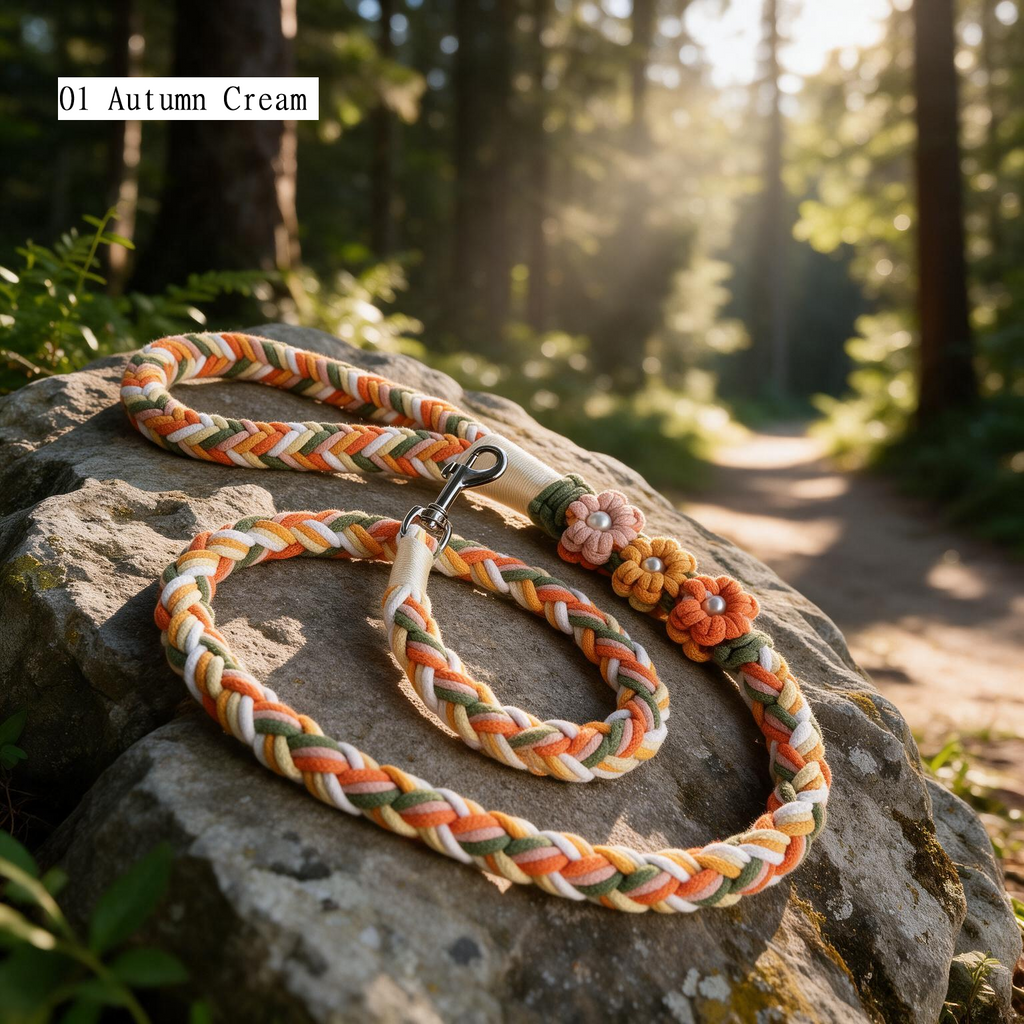 Meadow Bloom handmade braided dog leash in 01 Autumn Cream on forest rock - Rove Cord
