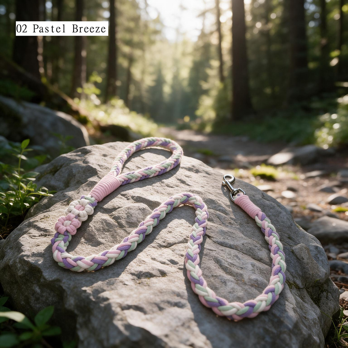 Meadow Bloom pastel braided rope dog leash in 02 Pastel Breeze with floral accents - Rove Cord
