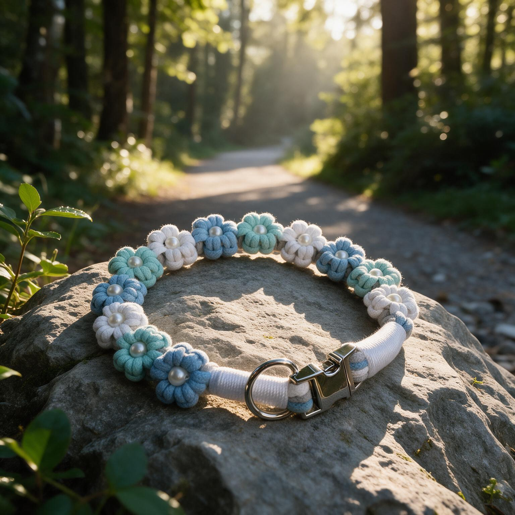 Handmade mint green and ocean blue braided cotton dog collar with delicate pearl flowers - Rove Cord

