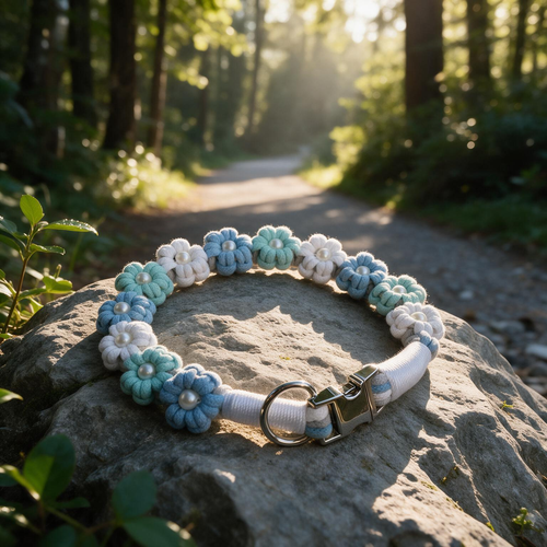 Handmade mint green and ocean blue braided cotton dog collar with delicate pearl flowers - Rove Cord
