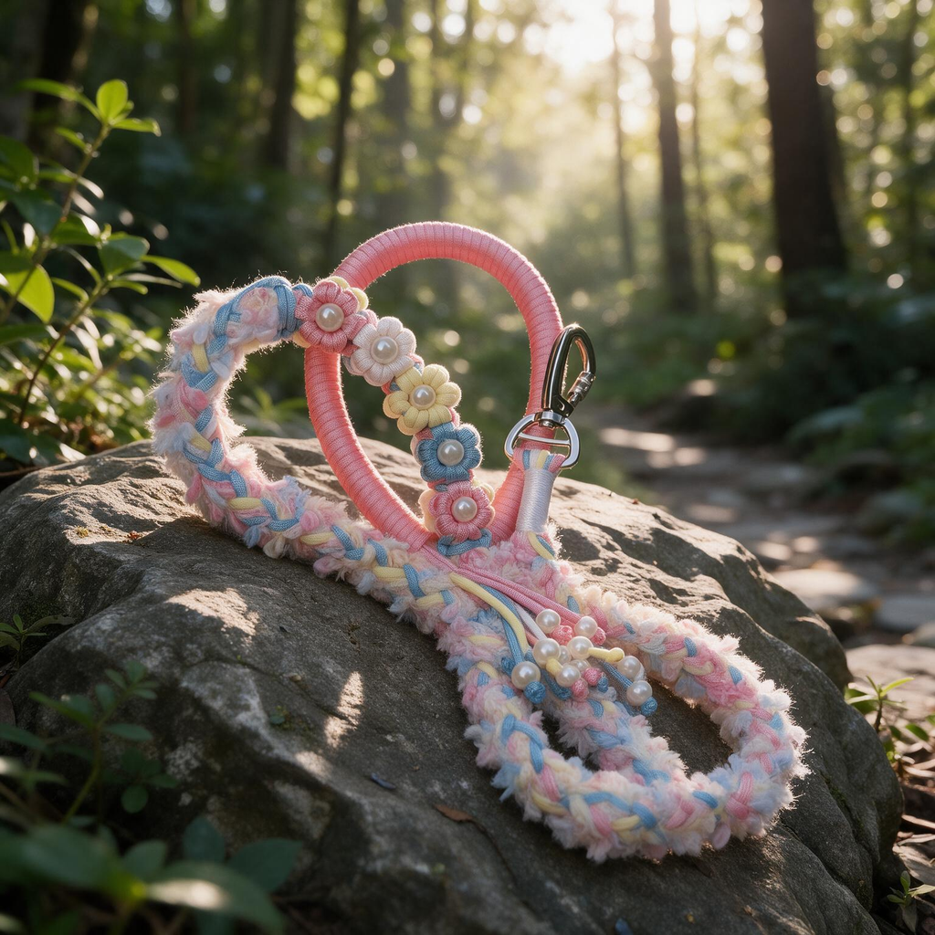 Four Seasons Foliage pastel braided dog leash with textured fringe, pearl flowers and pink wrapped handle - Rove Cord
