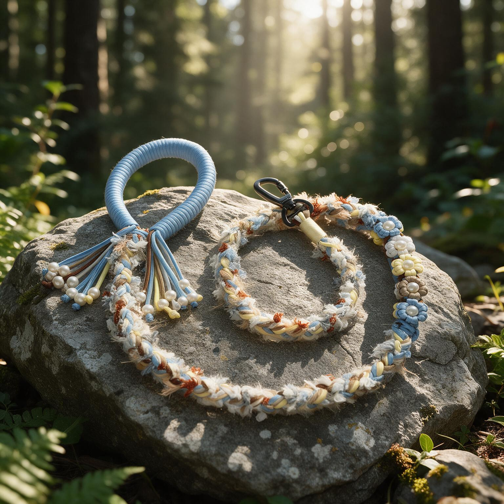 Four Seasons Foliage sky blue and oat textured braided leash with pearl tassel accents - Rove Cord
