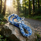Four Seasons Foliage denim and ocean blue distressed braided cotton rope leash with pearl flowers - Rove Cord
