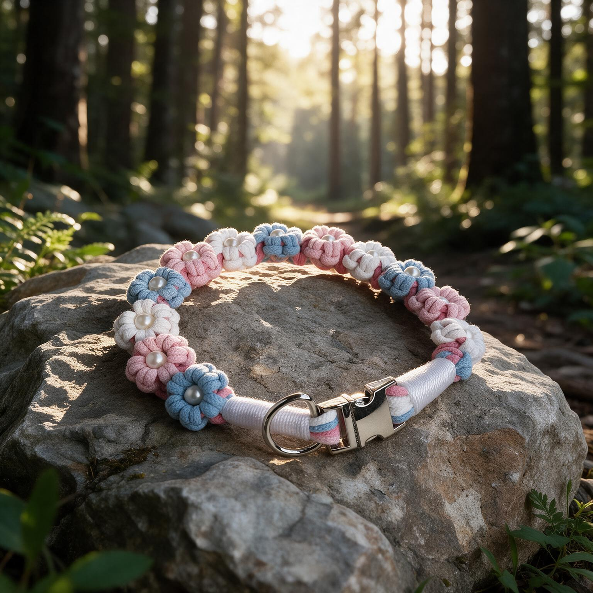 Braided cotton dog collar with pastel pink, blue and white flower pearls and metal buckle - Rove Cord
