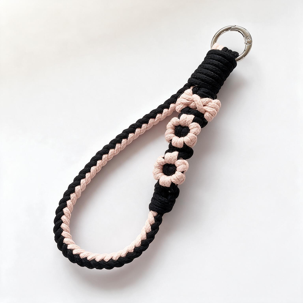 Handwoven black and pink braided cotton phone wristlet strap with flower accents and ring clasp - Rove Cord

