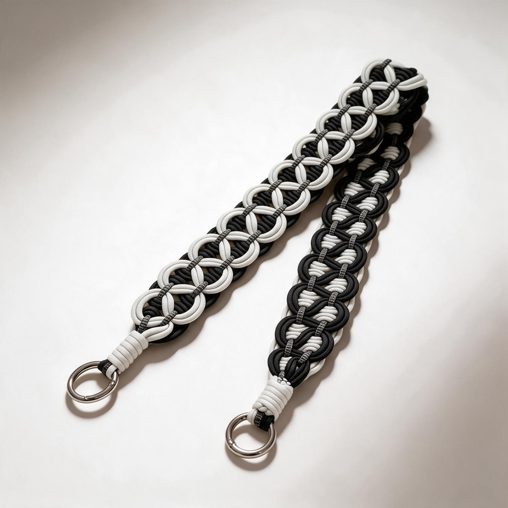Loop & Link architectural chain-link braided cotton bag strap in black and white with ring clasps - Rove Cord
