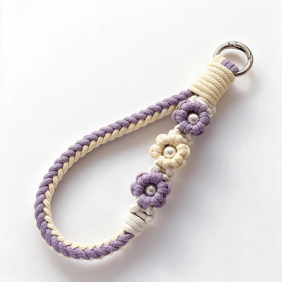 Braid & Carry handmade braided cotton phone wristlet in Lavender Mist with delicate pearls - Rove Cord
