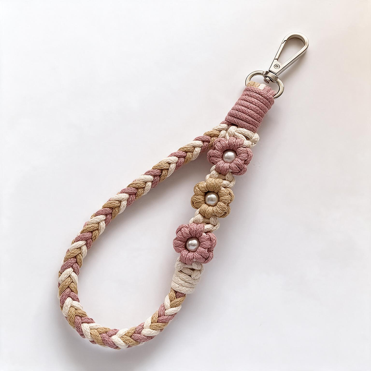 Braid & Carry artisan braided phone lanyard in Rose Petal and Wheat with pearl accents - Rove Cord
