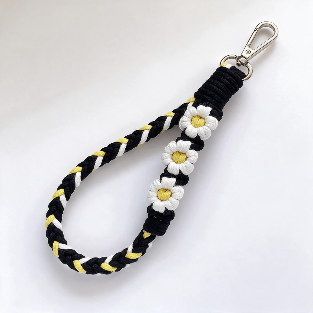 Braid & Carry bold braided cotton phone wristlet in Midnight Daisy with lemon daisy flowers - Rove Cord

